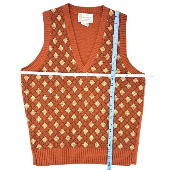 Vintage Sears Kings Road Knitwear Argyle Sweater Vest Orange Men Small 1970s Tan - Picture 5 of 5